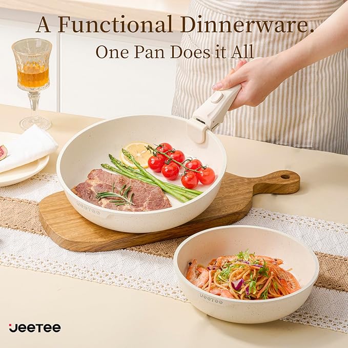 JEETEE Pots and Pans Set Non Stick 19pcs, Kitchen Cookware Sets with Detachable Handle, Induction Nonstick Cookware Set with Removable Handle, Stackable RV Cookware, Oven Safe, PFOA Free, Beige