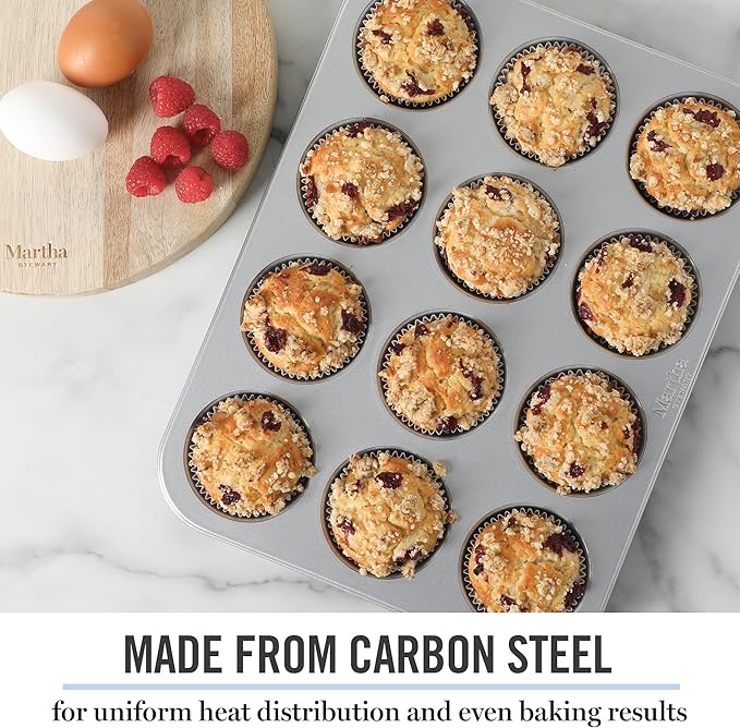Martha Stewart Gallen 12 Cup Nonstick Carbon Steel Muffin and Cupcake Pan - Silver Durable Bakeware for Muffins, Cupcakes & Mini Cakes