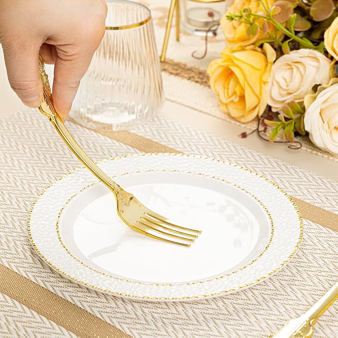 N9R 200PCS Gold Spoons and Forks Set, Heavy Duty Gold Plastic Silverware Set Fancy Disposable Utensils for Parties, Elegant Cutlery Sets for Wedding, Birthday(100 Forks & 100 Spoons)