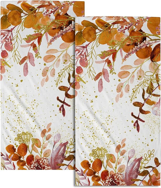 Imiss Fall Eucalyptus Leaves Hand Towels for Bathroom Set of 2，14.4 x 28.3 Inch Watercolor Orange Leaves Plant Guest Soft Face Towel Autumn Seasonal Holiday Washcloth for Gym Yoga Sport