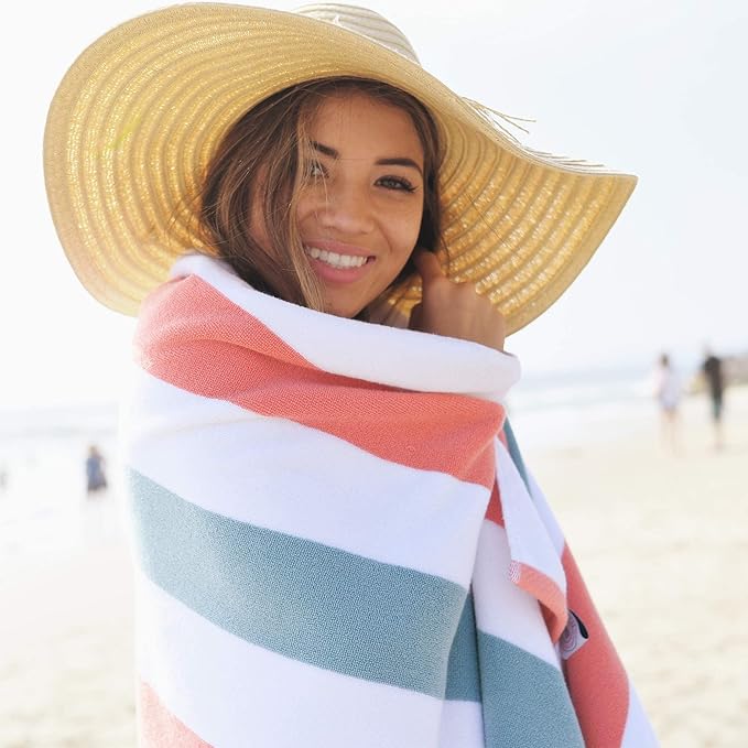 Laguna Beach Textile Co. Striped Cabana Beach Towel - Oversized, Plush 630 GSM Cotton - Coral Orange & Sea Glass Green