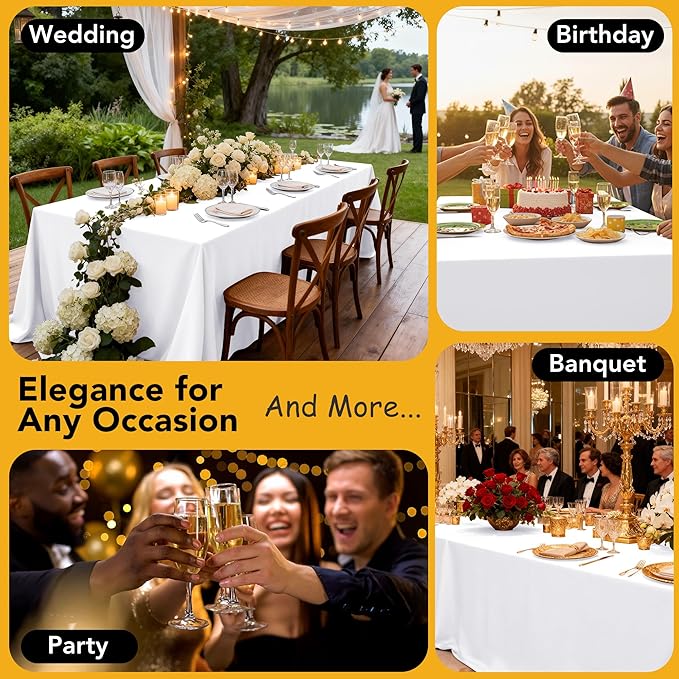 10-Pack White Tablecloths for Rectangle Tables, 70 x 108 Inches, Stain-Resistant Polyester Fabric for 6 Foot Tables - Washable Table Covers for Weddings, Banquets, Birthday Parties, Events