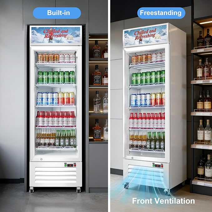 Commercial Beverage Refrigerator with Glass Door, 383L Display Fridge Beverage Cooler with Customizable Lightbox Adjustable Shelves, Drink Fridge Merchandiser for Restaurant Shop, White