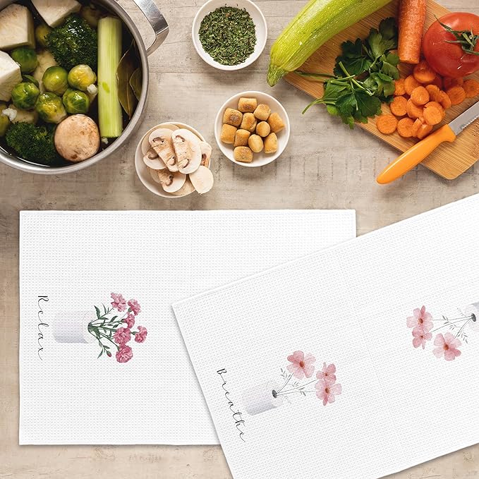 Pink Floral Bathroom Hand Towels, Cottagecore Botanical Roll Paper Hand Towel for Bathroom Decor, Relax Breath Pink Flower Decorative Towels for Washroom Toilet 16x24 Inch Set of 2