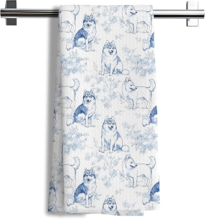 Siberian Husky Dog Gifts for Light Blue Chinoiserie Floral Decor Kitchen Towels，Blue and White Husky Dog Grandmillennial Decorative Dish Tea Towels for Bathroom,16x24 Inch