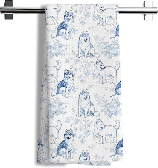 Siberian Husky Dog Gifts for Light Blue Chinoiserie Floral Decor Kitchen Towels，Blue and White Husky Dog Grandmillennial Decorative Dish Tea Towels for Bathroom,16x24 Inch
