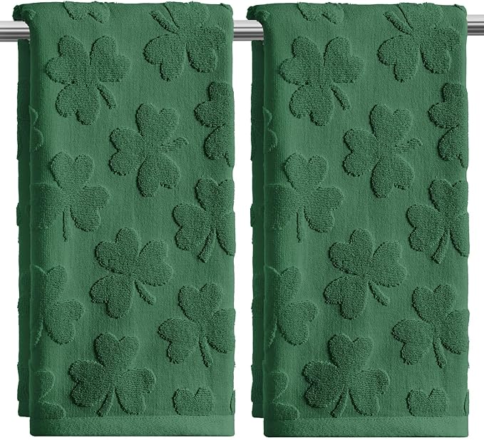 Artoid Mode 2 Pcs Dark Green 3D Shamrock Jacquard Patrick Hand Towels for Bathroom, 100% Cotton Soft Absorbent Bathroom Decor Towels, 13.7 x 29.5 Inch