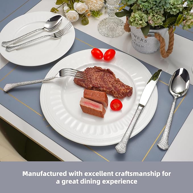 40-Piece Hammered Silverware Set for 8, Heavy Duty Flatware Set 18/10 Stainless Steel, Dishwasher Safe, Ideal for Gift