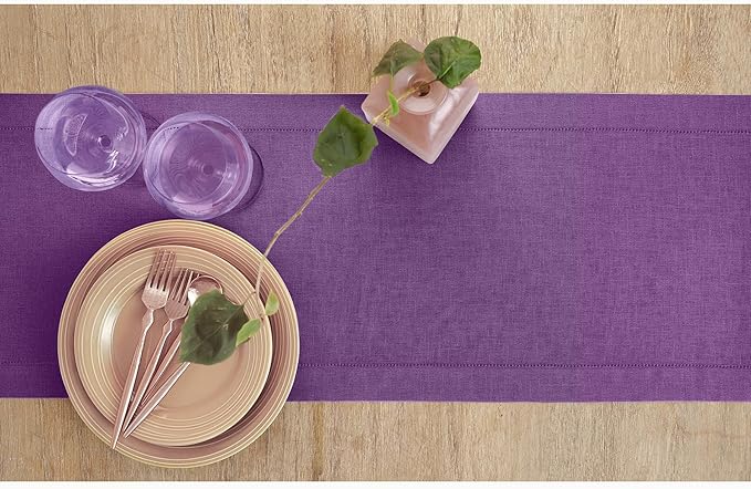 Solino Home Linen Table Runner 90 Inches Long - Classic Hemstitch 100% Pure Linen Purple Dining Table Runner 14 x 90 Inch for Holiday, Valentines, New Year