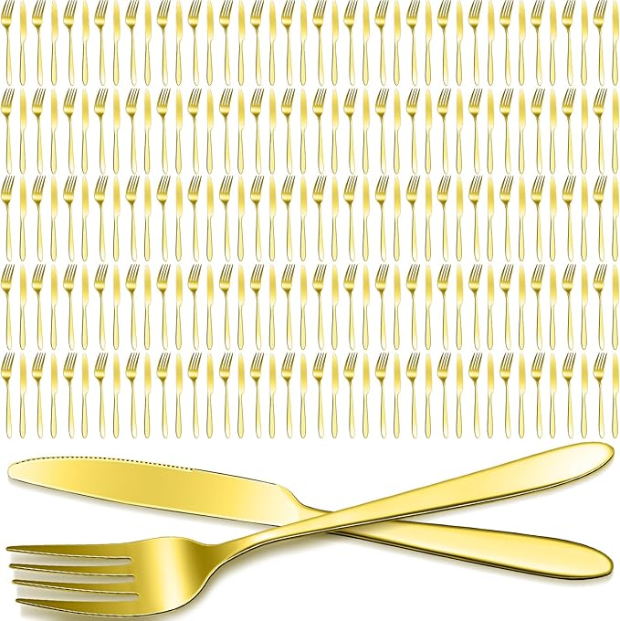 Nuenen 100 Pieces Stainless Steel forks and knives Dinner Flatware Set Tableware Cutlery for Butter Kitchen Restaurant, Dishwasher Safe (Gold,9.06 Inches, 8.07 Inches)