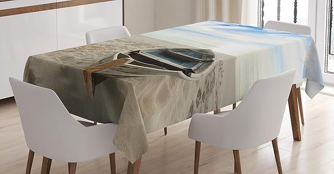 Ambesonne Holiday Tablecloth, Boat on The Beach at Sunrise Morning Time Tranquil Sky Marine Panorama, Dining Room Kitchen Rectangular Table Cover, 52" X 70", Blue