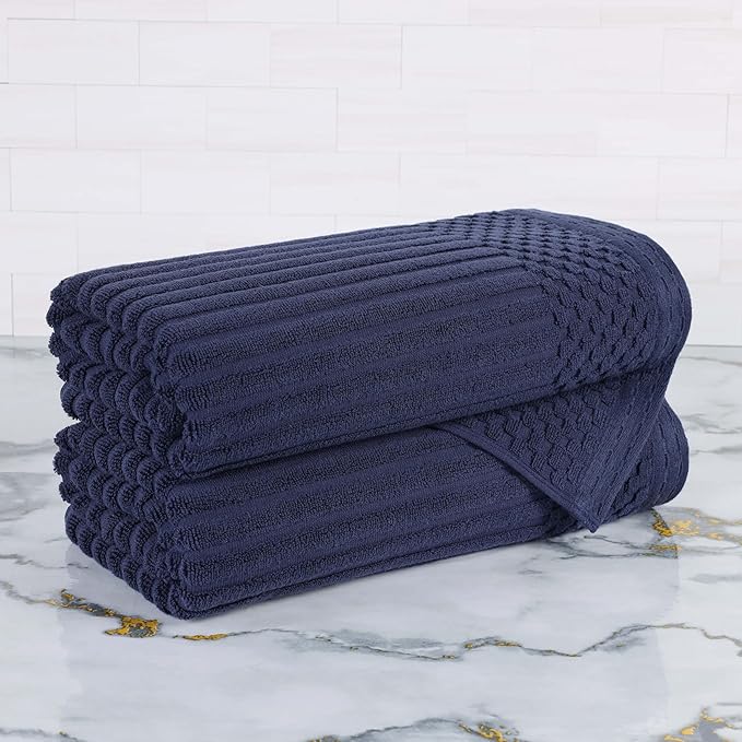 Cotton 2-Piece Solid and Ribbed Bath Towel Set, Bath Towels- 27" x 54", Navy Blue by Superior