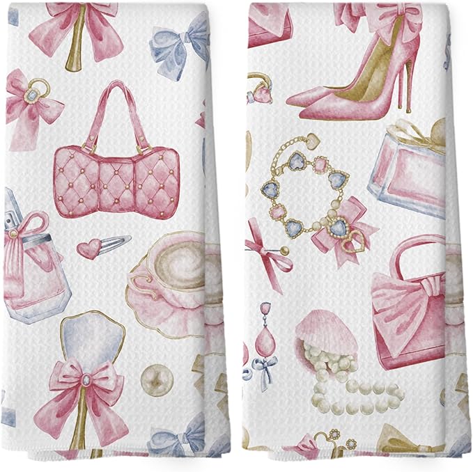 Coquette Bow Pink Bathroom Decor Kitchen Towels Set of 2, Women Fashion Hand Towels for Bathroom, Makeup Brush Perfume High Heel Modern Bath Decorative Tea Towel Dish Towels 16x24 Inch