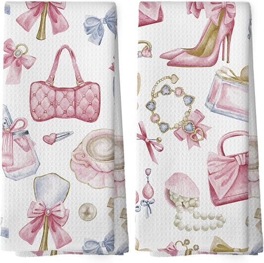 Coquette Bow Pink Bathroom Decor Kitchen Towels Set of 2, Women Fashion Hand Towels for Bathroom, Makeup Brush Perfume High Heel Modern Bath Decorative Tea Towel Dish Towels 16x24 Inch