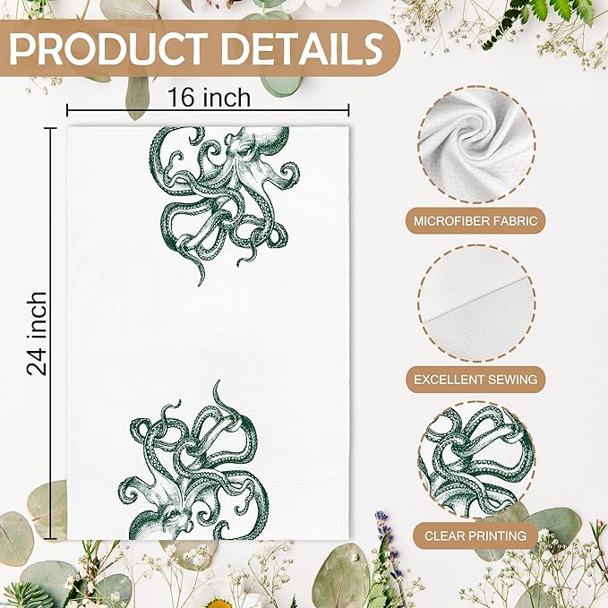 Coastal Octopus Decor Dish Hand Tea Towels for Bathroom Kitchen, Octopus Gothic Witchy Bathroom Decor, Oddities and Curiosities, Dark Green Kitchen Towels and Dishcloths Sets of 2, 16x24 Inch