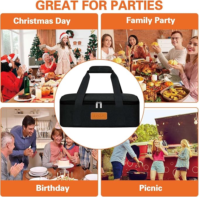 LHZK Insulated Casserole Carriers for Hot or Cold Food, Lasagna Holder Tote for Potluck Parties, Beach, Picnic, Travel, Fits 11x15 or 9x13 Dish (Black)