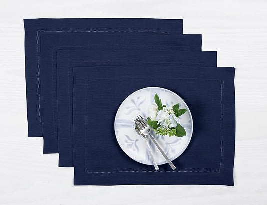 Solino Home Linen Placemats Set of 4 - Classic Hemstitch Navy Blue Placemats 14 x 19 Inch - 100% Pure Linen Table Mats for Holiday, Winter, New Year