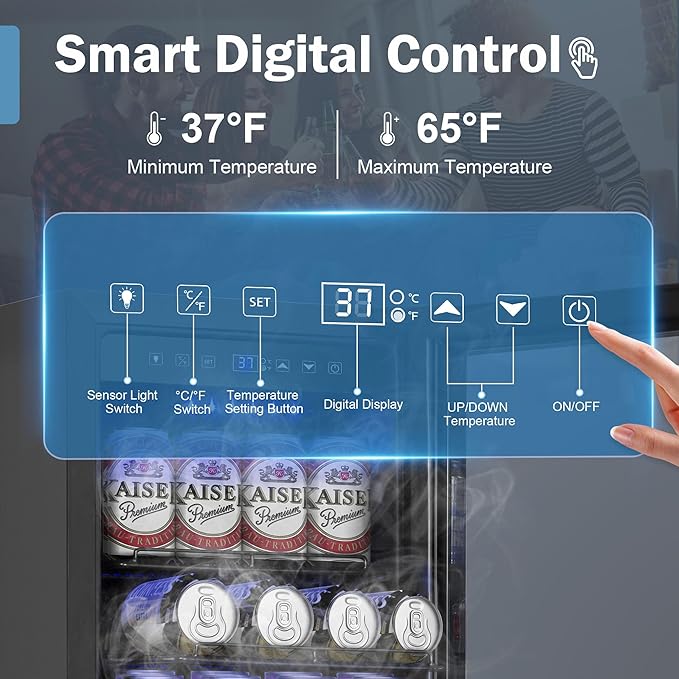 Beverage Refrigerator Cooler, 15 Inch 130 Cans Under Counter Refrigerator Beer Fridge with Glass Door, Adjustable Shelves and LED Light, Bulit-in Soda Fridge for Bedroom Office Bar