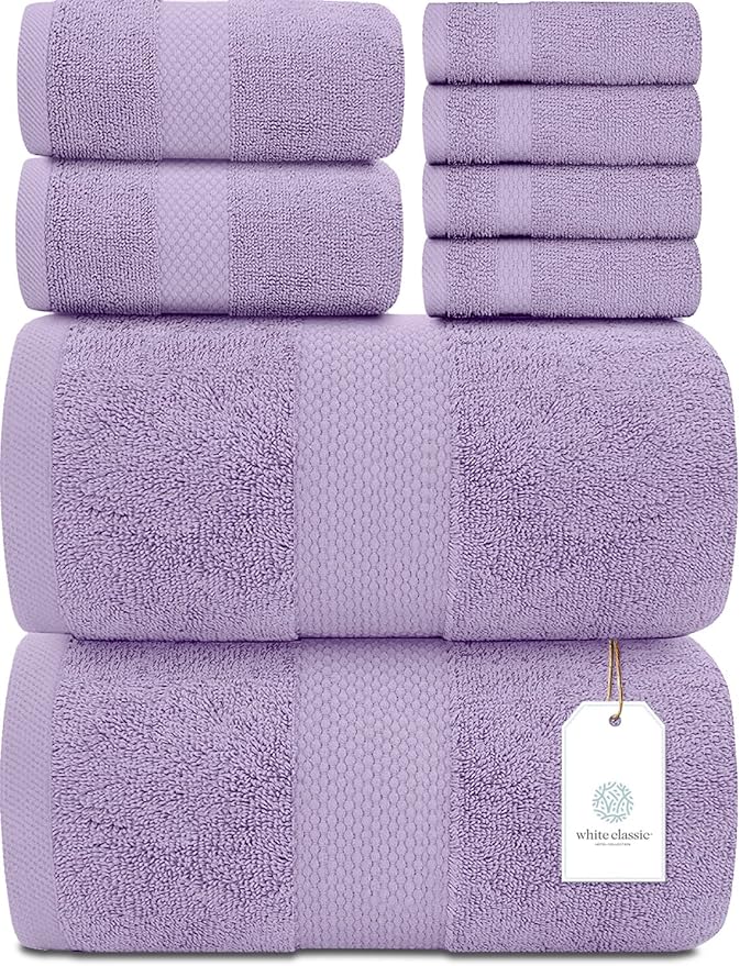 White Classic Luxury Bath Towel Set of 8 Pieces - 100% Turkish Cotton Highly Absorbent Towels for Bathroom, 2 Luxury Bath Towels 700GSM, 2 Hand Towels, 4 Washcloths, Lavender