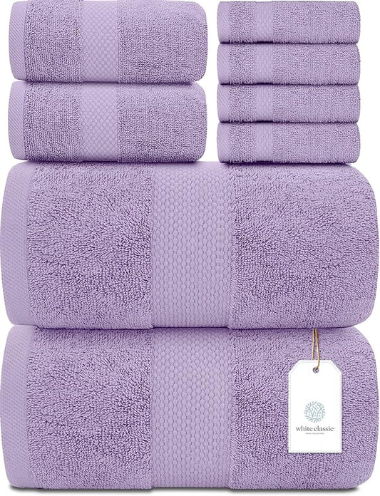 White Classic Luxury Bath Towel Set of 8 Pieces - 100% Turkish Cotton Highly Absorbent Towels for Bathroom, 2 Luxury Bath Towels 700GSM, 2 Hand Towels, 4 Washcloths, Lavender