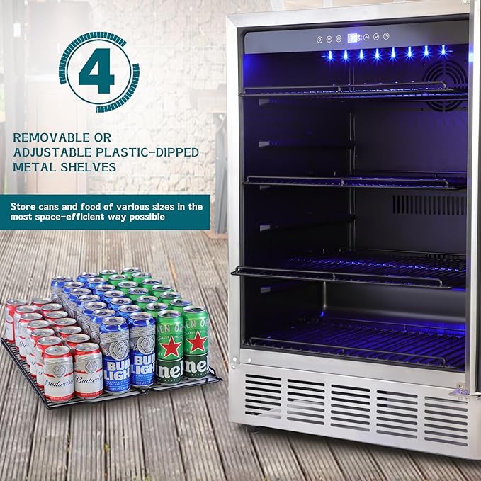 24" Outdoor Beverage Cooler Fridge - Undercounter Refrigerator, Stainless Steel Seamless Door - Holds 180 Cans, Powerful Cooling Compressor - Patio Kitchen, Commercial Use