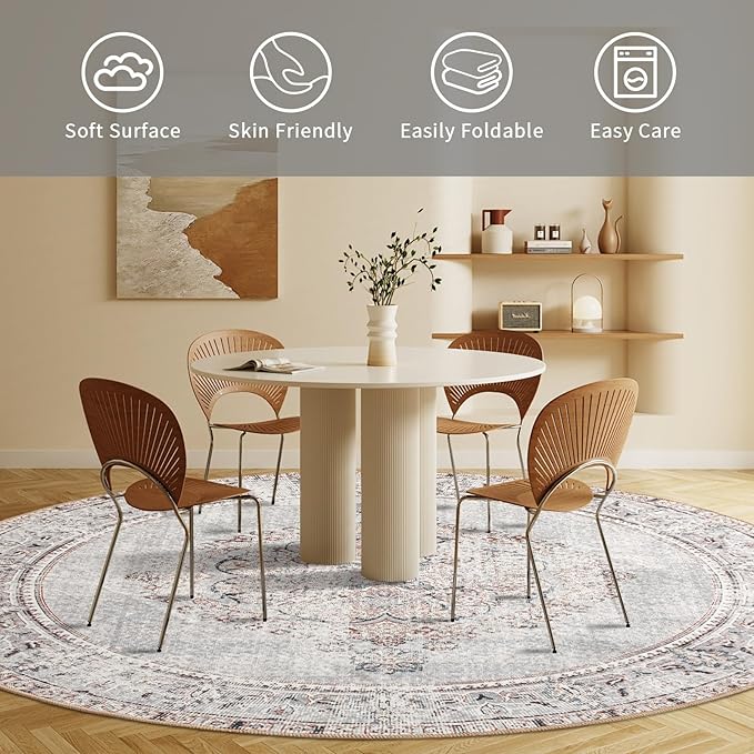 Easy-Going Round Rug 5ft Area Rug Washable Boho Circle Rugs for Living Room Non-Slip Bedroom Rug Low Pile Lightweight Vintage Distressed Throw Rug for Dining Room Kitchen Home Office, Grey Brick