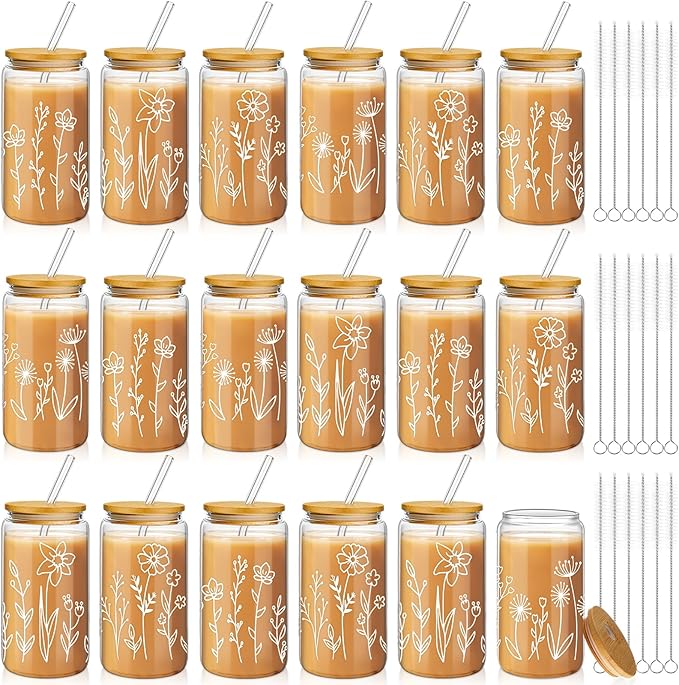 Mumufy Gift for Women Cute Glass Cup Tumbler Flower Iced Coffee Mugs 16 oz Glass with Bamboo Lid & Straw, Mothers Day Birthday Gift for Mom Sister Bridesmaid Baby Shower(18 Pack,Boho Floral)