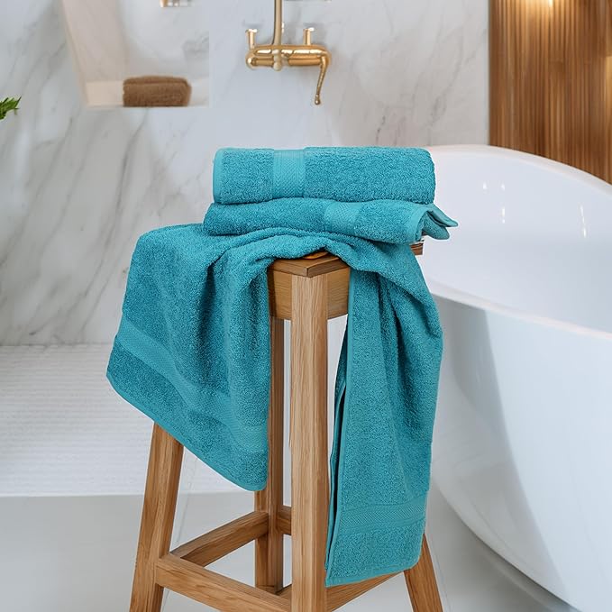 Large Bath Towels Set of 6 – 100% Cotton Terry – 24" x 50" – Quick Dry, Soft & Highly Absorbent – Teal Blue Towels for Bathroom, Gym, Spa, Pool & Daily Use