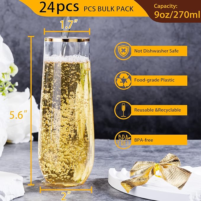 Ciaell 24 Pack Gold Plastic Champagne Flutes - 9 Oz Disposable Champagne Glasses - Stemless Mimosa Glass for Parties & Weddings & Birthdays & Christmas