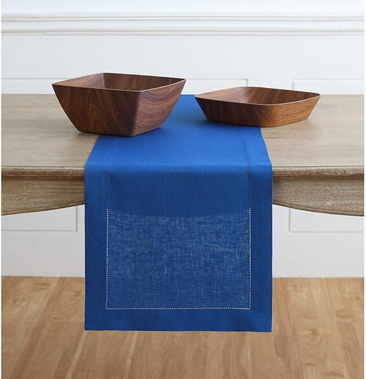 Solino Home Linen Royal Blue Table Runner 132 Inches Long - 100% Pure Linen Extra Long Table Runner 14 x 132 Inch for New Year - Classic Hemstitch