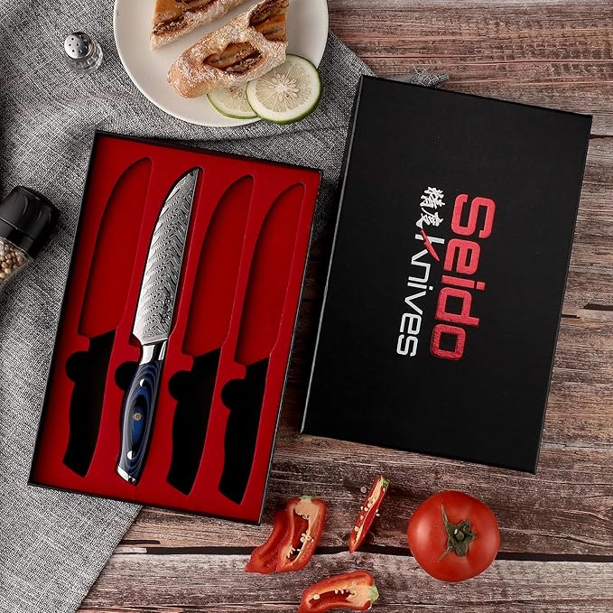 Seido Knives Kanpeki Straight Edge Steak Knives - Set of 4, VG10 Super Steel Cutting Core, Double Beveled Blades for Precision Slicing