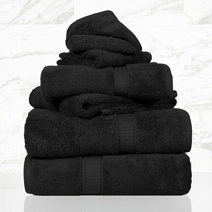 Superior Egyptian Cotton Pile 6 Piece Towel Set, Includes 2 Bath, 2 Hand, 2 Face Towels/Washcloths, Ultra Soft Luxury Towels, Thick Plush Essentials, Guest Bath, Spa, Hotel Bathroom, Black