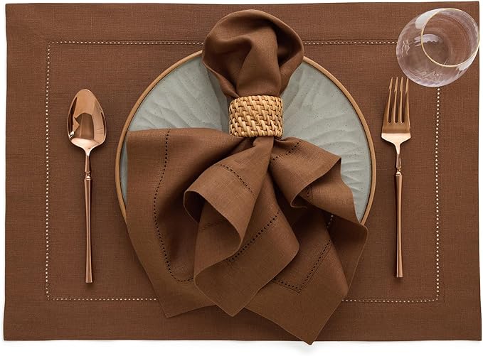 Solino Home Linen Placemats Set of 4 - Classic Hemstitch Brown Placemats 14 x 19 Inch - 100% Pure Linen Table Mats