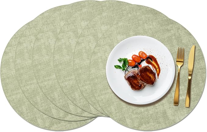Maxpearl Round Placemats Set of 6, 13.8 inch Faux Leather Heat Resistant Table Mats, Non Slip Waterproof Wipeable Place Mats for Kitchen Dining Holiday Party Table Settings, Sage Green
