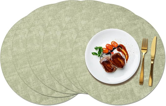 Maxpearl Round Placemats Set of 6, 13.8 inch Faux Leather Heat Resistant Table Mats, Non Slip Waterproof Wipeable Place Mats for Kitchen Dining Holiday Party Table Settings, Sage Green