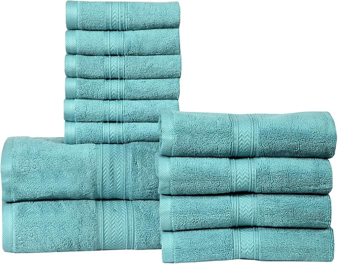 Hillfair 12-Piece Super Soft Cotton Bath Towels - 600 GSM - Hotel Spa Set: 2 Bath, 4 Hand, 6 Washcloths - Absorbent - Aqua