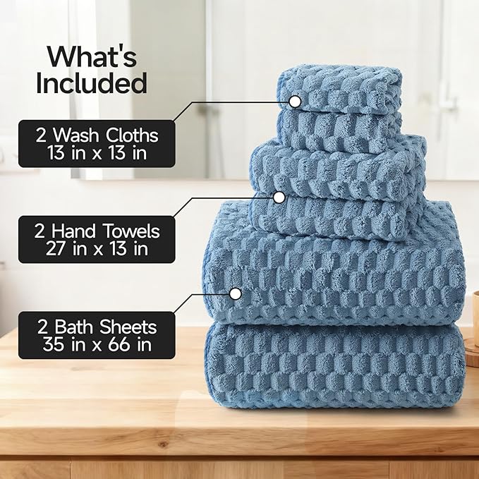 REDKISS Blue Microfiber Bath Towels Set of 6-35x70 Inches Oversized Bath Sheets, Extra Large Bath Towels Set of 6 for Adults, Super Soft Waffle Microfiber Shower Towels for Bathroom Hotel Towel