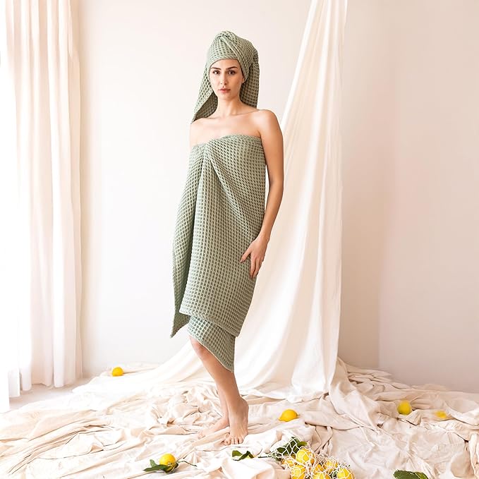Premium Waffle Bath Towel Pack of 2, Sage Green, Extra Large 35x71 inch - 100% Turkish Cotton, Waffle Weave, Quick-Dry, Lint-Free, Lightweight Bath Sheet Towel (Sage, Set of 2 Bath Towels)
