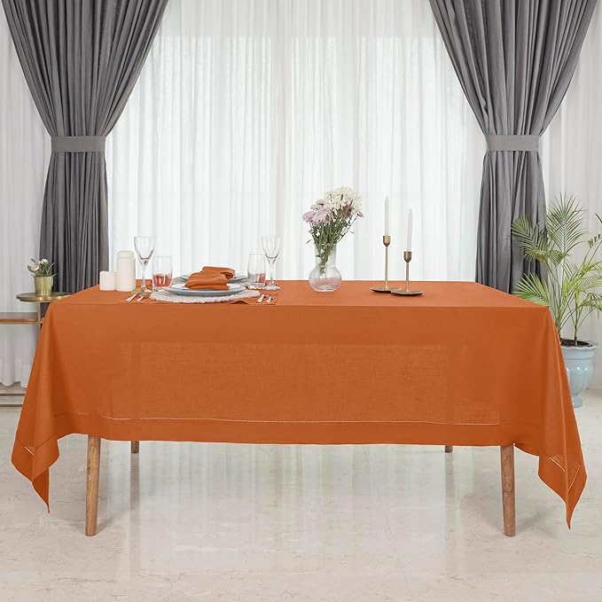 D'Moksha Homes Rust Linen Tablecloth 60 x 156 Inch - 100% Pure Linen Rust Tablecloth for Rectangle Tables - Classic Hemstitch, Machine Washable Table Cloth for Winter, Christmas, Holiday, New Year