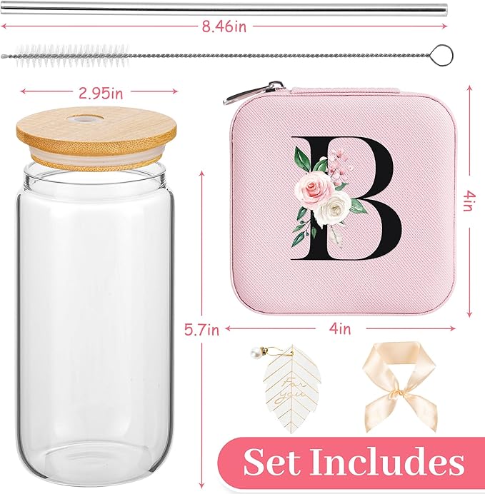 AYGXU Travel Must-Have Gifts,travel jewelry case organizer,small jewelry travel case,Cute Tumbler Cup,16oz bamboo lids for glass cups,teacher appreciation gifts for women,Initial B pink
