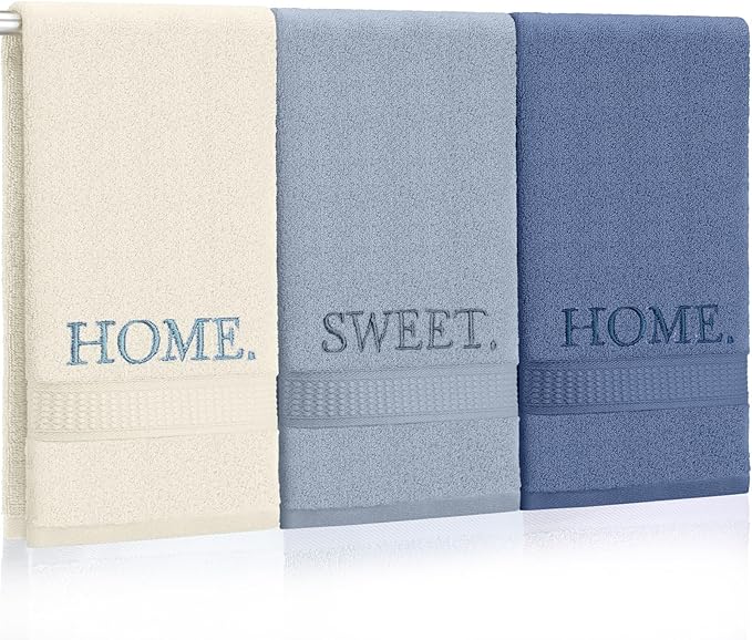 3 Pcs Home Sweet Home Hand Towels Farmhouse Decorative Embroidered Bathroom Hand Towels Rustic 100% Cotton Blue Set for Boho Bathroom Kitchen Decor