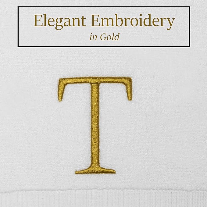 Monogrammed Hand Towels for Bathroom - Luxury Hotel Quality Personalized Initial Decorative Embroidered Bath Towel for Powder Room, Spa - GOTS Organic Certified - Set of 2 Gold Letter T
