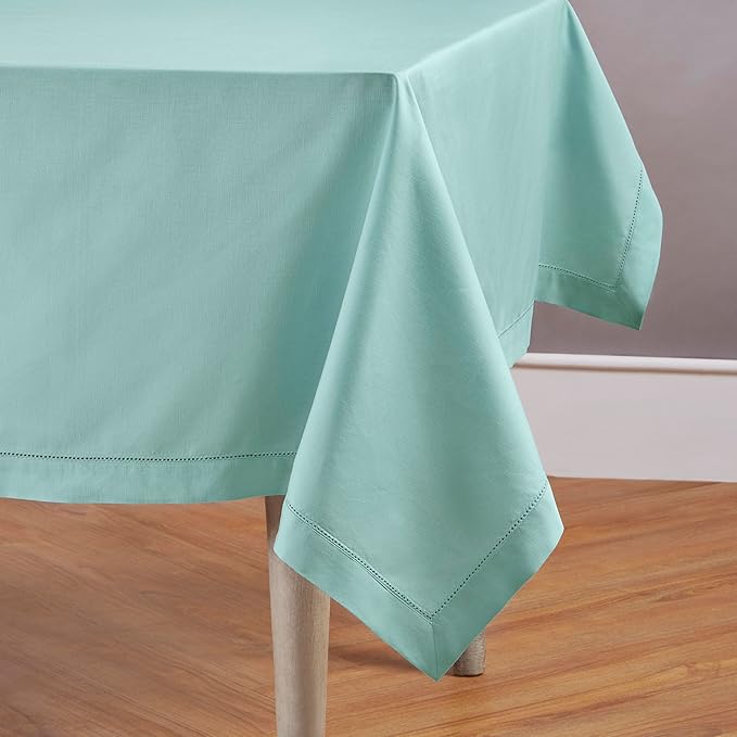 Solino Home Cotton Linen Tablecloth for Rectangle Tables 58 x 120 Inch - Hemstitch Pastel Turquoise Table Cloth - Machine Washable Cloth Tablecloth
