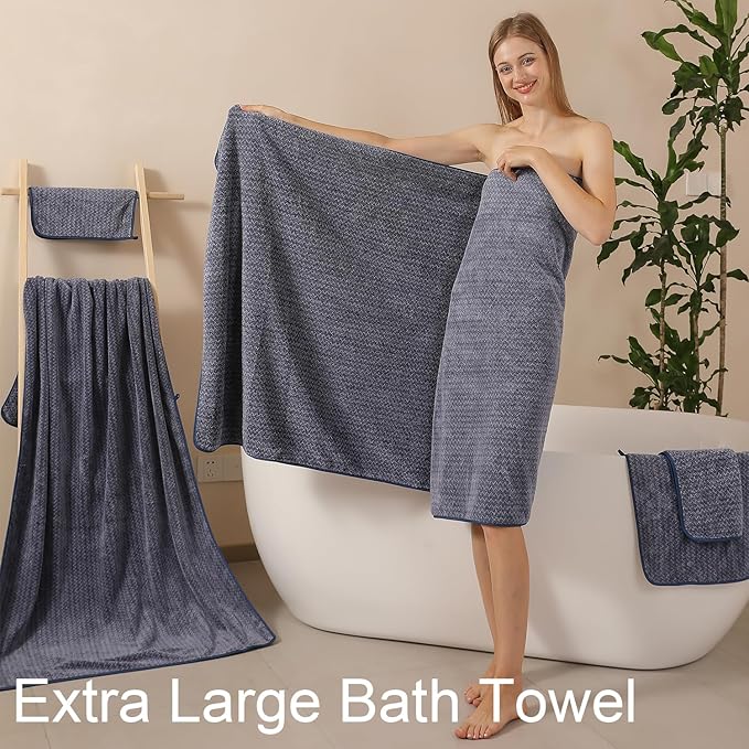 CHINO Bath Towels Set of 8,2 Extra Large Bath Towel 2 Hand Towels 4 Washcloths Microfiber Soft Super Absorbent Towels for Bathroom Quick Dry for Family Hotel Gym Spa(Navy)
