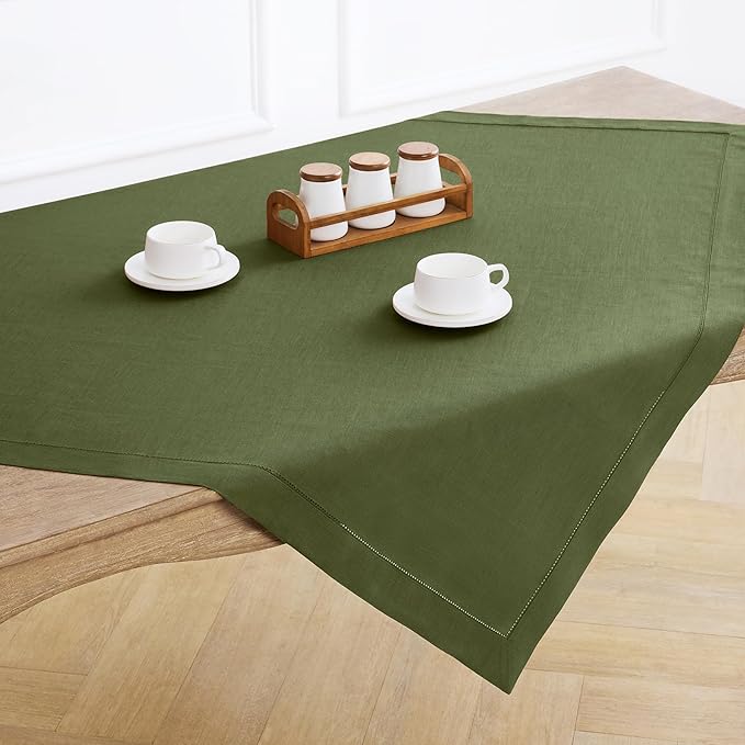 Solino Home Linen Tablecloth 52 x 52 Inch - 100% Pure Linen Olive Square Tablecloth - Classic Hemstitch, Machine Washable Table Throw for New Year