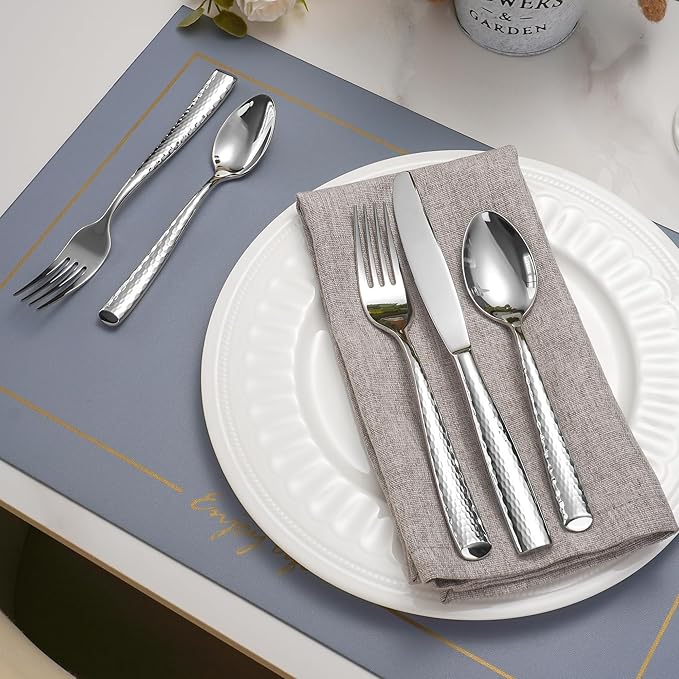 20-Piece Luxury Hammered Silverware, 18/10 High End Flatware for 4, Forged Silverware Set, Thick Handle Heavy Duty, Dishwasher Safe