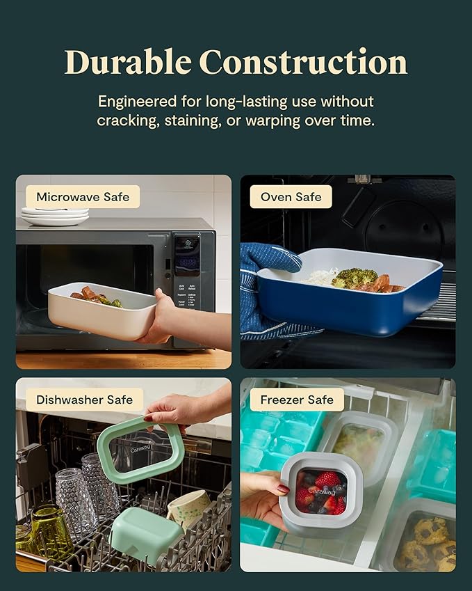 Caraway Glass Food Storage, 10 Cup Glass Container,Ceramic Coated Food Container,Easy to Store, Non Toxic, Non Stick Lunch Box Container with Glass Lids. Dishwasher, Oven,Square Shape,Sage