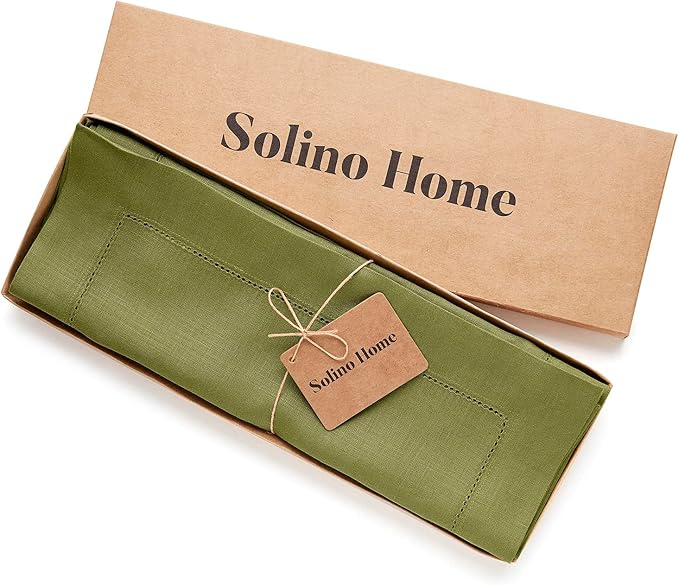 Solino Home Linen Placemats Set of 4 - Classic Hemstitch Avocado Green Placemats 14 x 19 Inch - 100% Pure Linen Table Mats for Winter