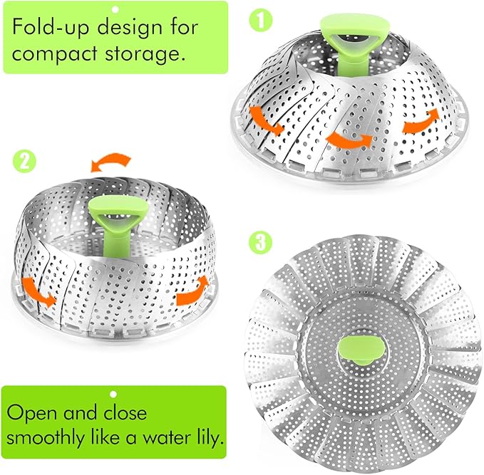 Consevisen Vegetable Steamer Basket for Cooking Food, Stainless Steel Veggie Steam Basket for Pot, Folding Expandable Steaming Insert with Extendable Handle Fits Various Size Pot, 6.4" to 10"