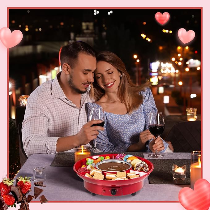 Lallisa Electric Fondue Pot Set, Chocolate Fondue Kit, Electric Fondue Maker, detachable Serving Trays with 4 Roasting Forks, gift Set for Date Night House Warming Melting Parties (Red)